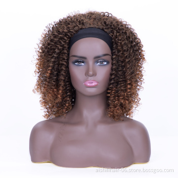 wholesale black headband wig light brown kinky curly wigs synthetic fiber for black women